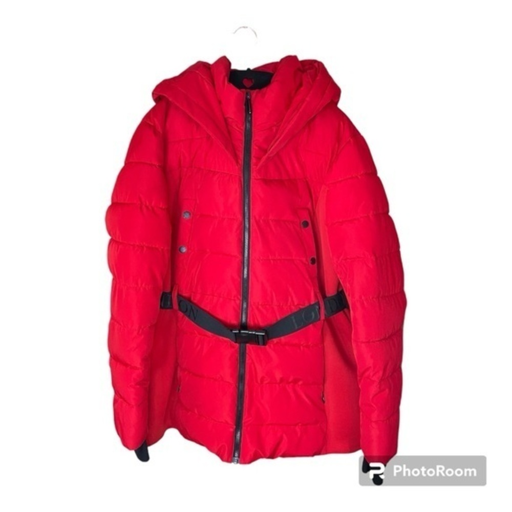 London Fog Red Puffer Coat with Hood and Black Belt Size XL